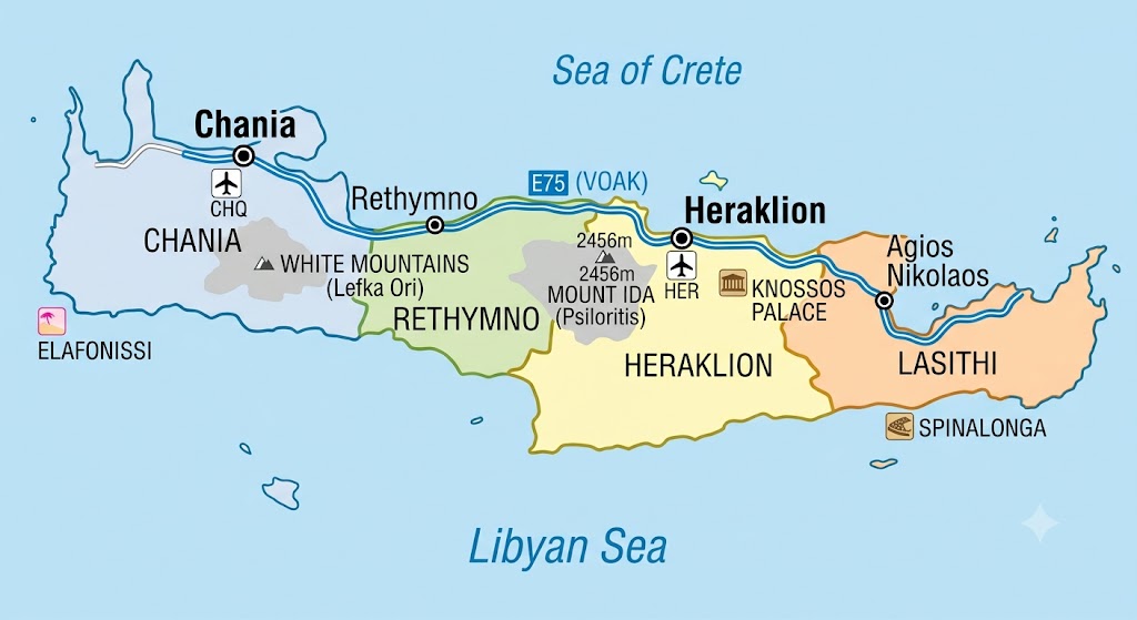 Map of the four regions of Crete