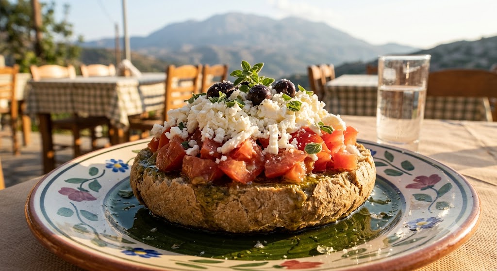 Dakos - traditional Cretan dish with barley rusk, tomato and mizithra cheese